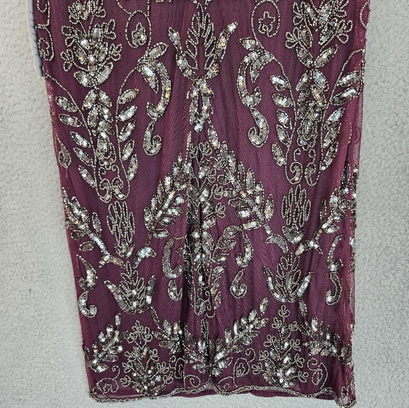 Pisarro Night Womens T Length Silver Beaded Gown Sz 8 Wine Color Chiffon Lined - Picture 13 of 15